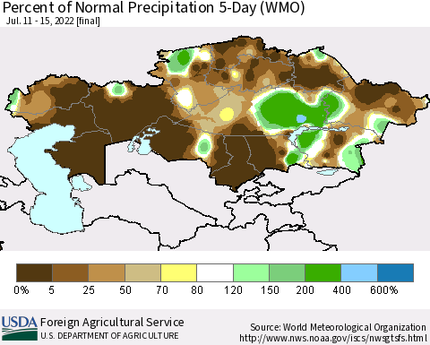 Kazakhstan Percent of Normal Precipitation 5-Day (WMO) Thematic Map For 7/11/2022 - 7/15/2022