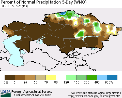 Kazakhstan Percent of Normal Precipitation 5-Day (WMO) Thematic Map For 7/16/2022 - 7/20/2022