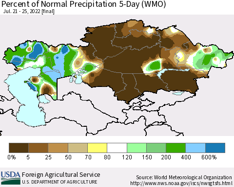 Kazakhstan Percent of Normal Precipitation 5-Day (WMO) Thematic Map For 7/21/2022 - 7/25/2022