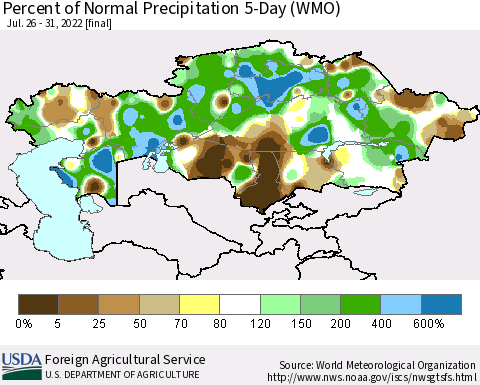 Kazakhstan Percent of Normal Precipitation 5-Day (WMO) Thematic Map For 7/26/2022 - 7/31/2022