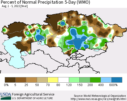 Kazakhstan Percent of Normal Precipitation 5-Day (WMO) Thematic Map For 8/1/2022 - 8/5/2022
