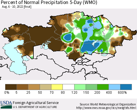 Kazakhstan Percent of Normal Precipitation 5-Day (WMO) Thematic Map For 8/6/2022 - 8/10/2022