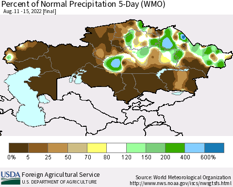 Kazakhstan Percent of Normal Precipitation 5-Day (WMO) Thematic Map For 8/11/2022 - 8/15/2022