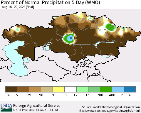 Kazakhstan Percent of Normal Precipitation 5-Day (WMO) Thematic Map For 8/16/2022 - 8/20/2022