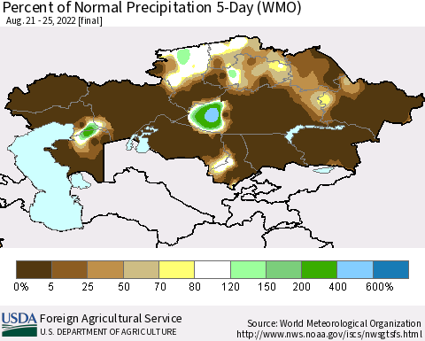 Kazakhstan Percent of Normal Precipitation 5-Day (WMO) Thematic Map For 8/21/2022 - 8/25/2022
