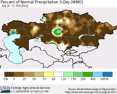 Kazakhstan Percent of Normal Precipitation 5-Day (WMO) Thematic Map For 8/26/2022 - 8/31/2022