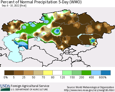 Kazakhstan Percent of Normal Precipitation 5-Day (WMO) Thematic Map For 9/6/2022 - 9/10/2022