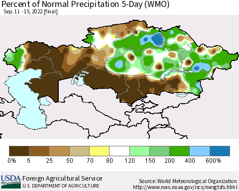 Kazakhstan Percent of Normal Precipitation 5-Day (WMO) Thematic Map For 9/11/2022 - 9/15/2022