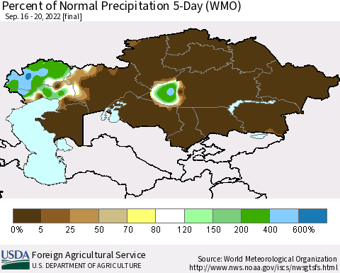 Kazakhstan Percent of Normal Precipitation 5-Day (WMO) Thematic Map For 9/16/2022 - 9/20/2022