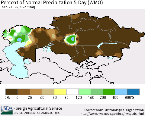 Kazakhstan Percent of Normal Precipitation 5-Day (WMO) Thematic Map For 9/21/2022 - 9/25/2022