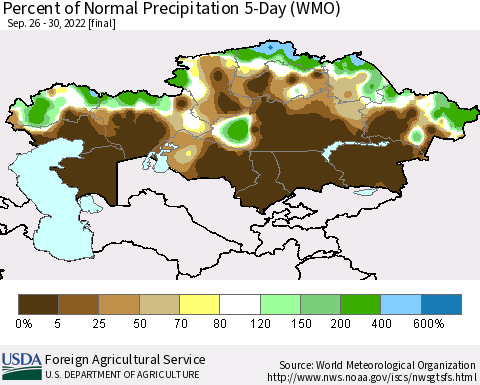 Kazakhstan Percent of Normal Precipitation 5-Day (WMO) Thematic Map For 9/26/2022 - 9/30/2022
