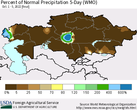 Kazakhstan Percent of Normal Precipitation 5-Day (WMO) Thematic Map For 10/1/2022 - 10/5/2022