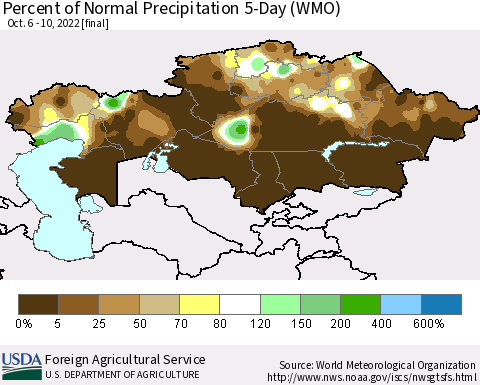 Kazakhstan Percent of Normal Precipitation 5-Day (WMO) Thematic Map For 10/6/2022 - 10/10/2022