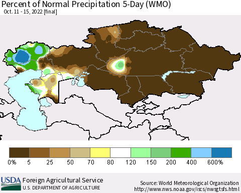 Kazakhstan Percent of Normal Precipitation 5-Day (WMO) Thematic Map For 10/11/2022 - 10/15/2022