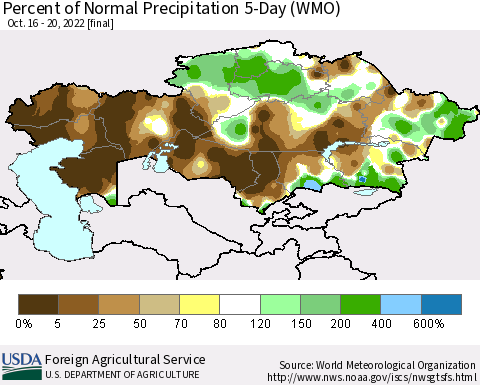 Kazakhstan Percent of Normal Precipitation 5-Day (WMO) Thematic Map For 10/16/2022 - 10/20/2022