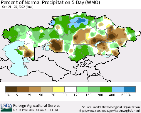 Kazakhstan Percent of Normal Precipitation 5-Day (WMO) Thematic Map For 10/21/2022 - 10/25/2022