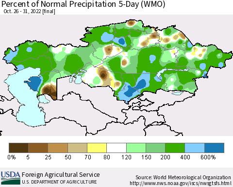 Kazakhstan Percent of Normal Precipitation 5-Day (WMO) Thematic Map For 10/26/2022 - 10/31/2022
