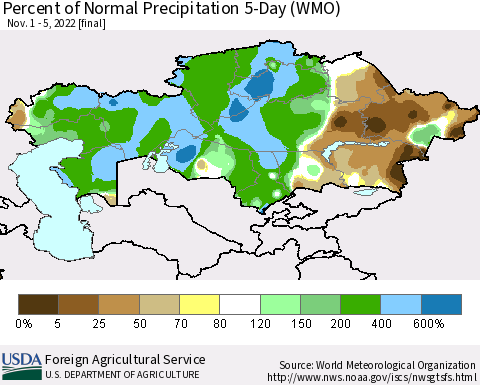 Kazakhstan Percent of Normal Precipitation 5-Day (WMO) Thematic Map For 11/1/2022 - 11/5/2022