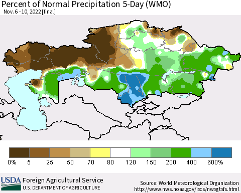 Kazakhstan Percent of Normal Precipitation 5-Day (WMO) Thematic Map For 11/6/2022 - 11/10/2022