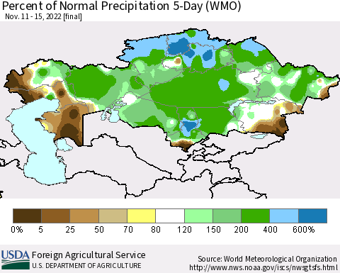 Kazakhstan Percent of Normal Precipitation 5-Day (WMO) Thematic Map For 11/11/2022 - 11/15/2022
