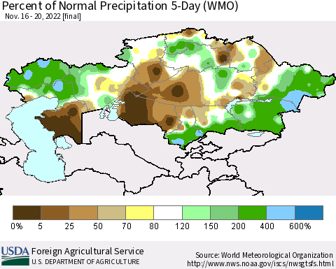 Kazakhstan Percent of Normal Precipitation 5-Day (WMO) Thematic Map For 11/16/2022 - 11/20/2022