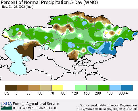 Kazakhstan Percent of Normal Precipitation 5-Day (WMO) Thematic Map For 11/21/2022 - 11/25/2022