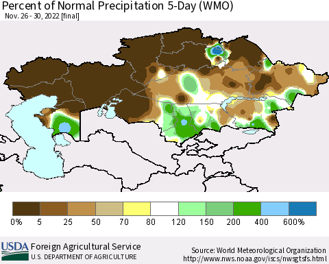 Kazakhstan Percent of Normal Precipitation 5-Day (WMO) Thematic Map For 11/26/2022 - 11/30/2022