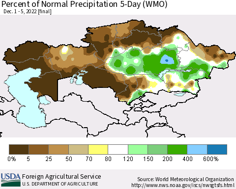Kazakhstan Percent of Normal Precipitation 5-Day (WMO) Thematic Map For 12/1/2022 - 12/5/2022