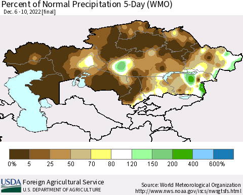 Kazakhstan Percent of Normal Precipitation 5-Day (WMO) Thematic Map For 12/6/2022 - 12/10/2022
