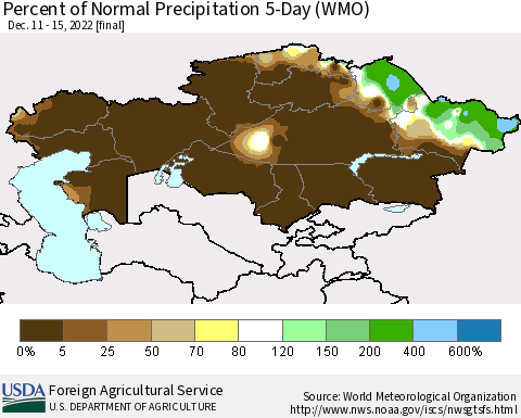 Kazakhstan Percent of Normal Precipitation 5-Day (WMO) Thematic Map For 12/11/2022 - 12/15/2022