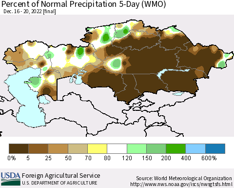 Kazakhstan Percent of Normal Precipitation 5-Day (WMO) Thematic Map For 12/16/2022 - 12/20/2022