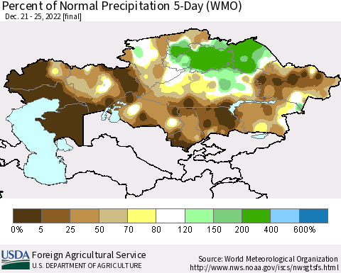 Kazakhstan Percent of Normal Precipitation 5-Day (WMO) Thematic Map For 12/21/2022 - 12/25/2022