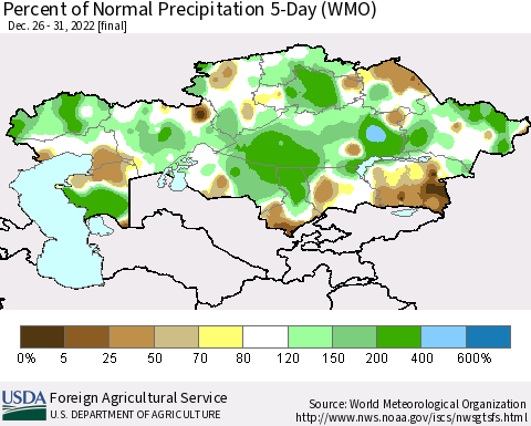Kazakhstan Percent of Normal Precipitation 5-Day (WMO) Thematic Map For 12/26/2022 - 12/31/2022