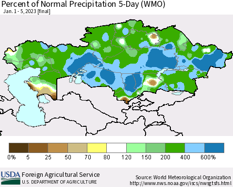 Kazakhstan Percent of Normal Precipitation 5-Day (WMO) Thematic Map For 1/1/2023 - 1/5/2023
