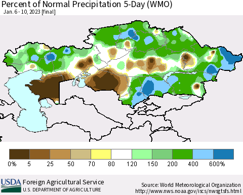 Kazakhstan Percent of Normal Precipitation 5-Day (WMO) Thematic Map For 1/6/2023 - 1/10/2023
