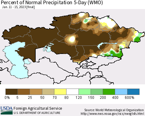 Kazakhstan Percent of Normal Precipitation 5-Day (WMO) Thematic Map For 1/11/2023 - 1/15/2023
