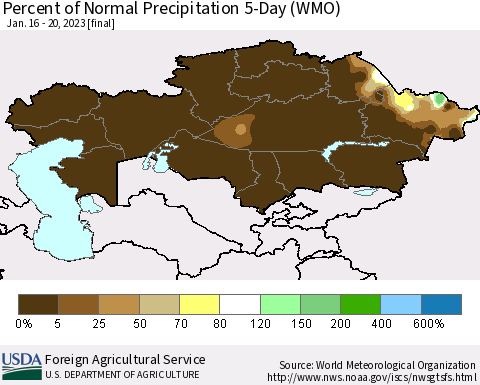 Kazakhstan Percent of Normal Precipitation 5-Day (WMO) Thematic Map For 1/16/2023 - 1/20/2023