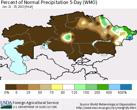 Kazakhstan Percent of Normal Precipitation 5-Day (WMO) Thematic Map For 1/21/2023 - 1/25/2023