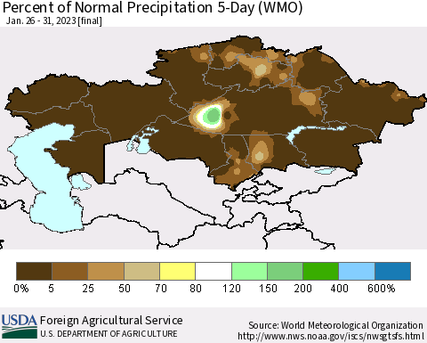 Kazakhstan Percent of Normal Precipitation 5-Day (WMO) Thematic Map For 1/26/2023 - 1/31/2023