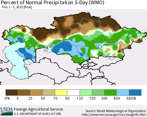 Kazakhstan Percent of Normal Precipitation 5-Day (WMO) Thematic Map For 2/1/2023 - 2/5/2023