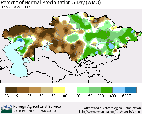 Kazakhstan Percent of Normal Precipitation 5-Day (WMO) Thematic Map For 2/6/2023 - 2/10/2023