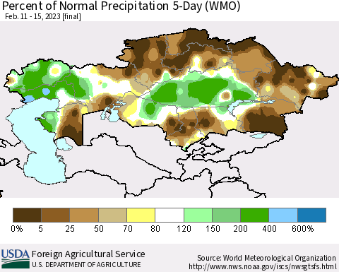 Kazakhstan Percent of Normal Precipitation 5-Day (WMO) Thematic Map For 2/11/2023 - 2/15/2023