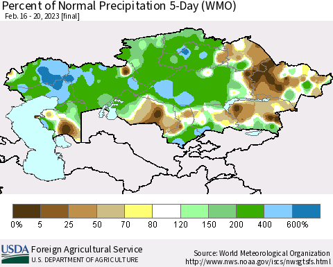 Kazakhstan Percent of Normal Precipitation 5-Day (WMO) Thematic Map For 2/16/2023 - 2/20/2023