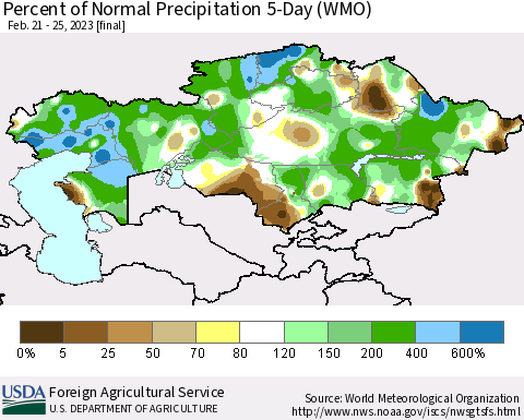 Kazakhstan Percent of Normal Precipitation 5-Day (WMO) Thematic Map For 2/21/2023 - 2/25/2023