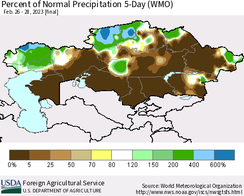 Kazakhstan Percent of Normal Precipitation 5-Day (WMO) Thematic Map For 2/26/2023 - 2/28/2023