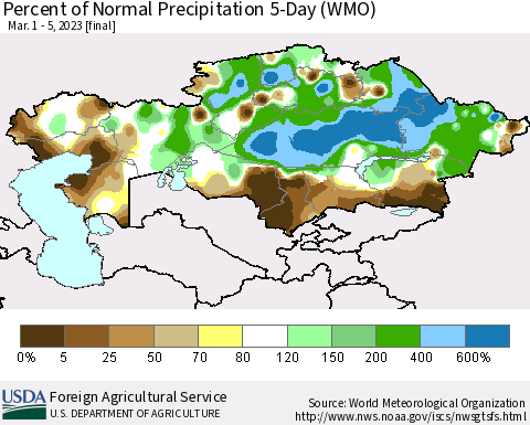 Kazakhstan Percent of Normal Precipitation 5-Day (WMO) Thematic Map For 3/1/2023 - 3/5/2023