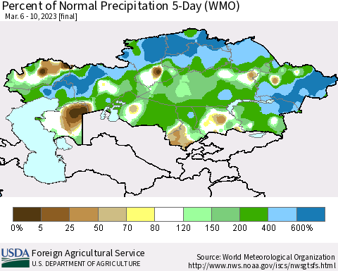 Kazakhstan Percent of Normal Precipitation 5-Day (WMO) Thematic Map For 3/6/2023 - 3/10/2023