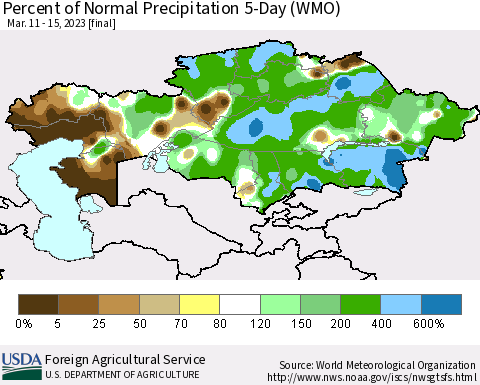 Kazakhstan Percent of Normal Precipitation 5-Day (WMO) Thematic Map For 3/11/2023 - 3/15/2023