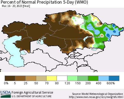 Kazakhstan Percent of Normal Precipitation 5-Day (WMO) Thematic Map For 3/16/2023 - 3/20/2023