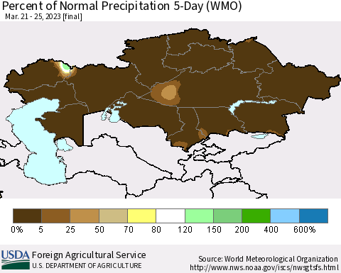 Kazakhstan Percent of Normal Precipitation 5-Day (WMO) Thematic Map For 3/21/2023 - 3/25/2023